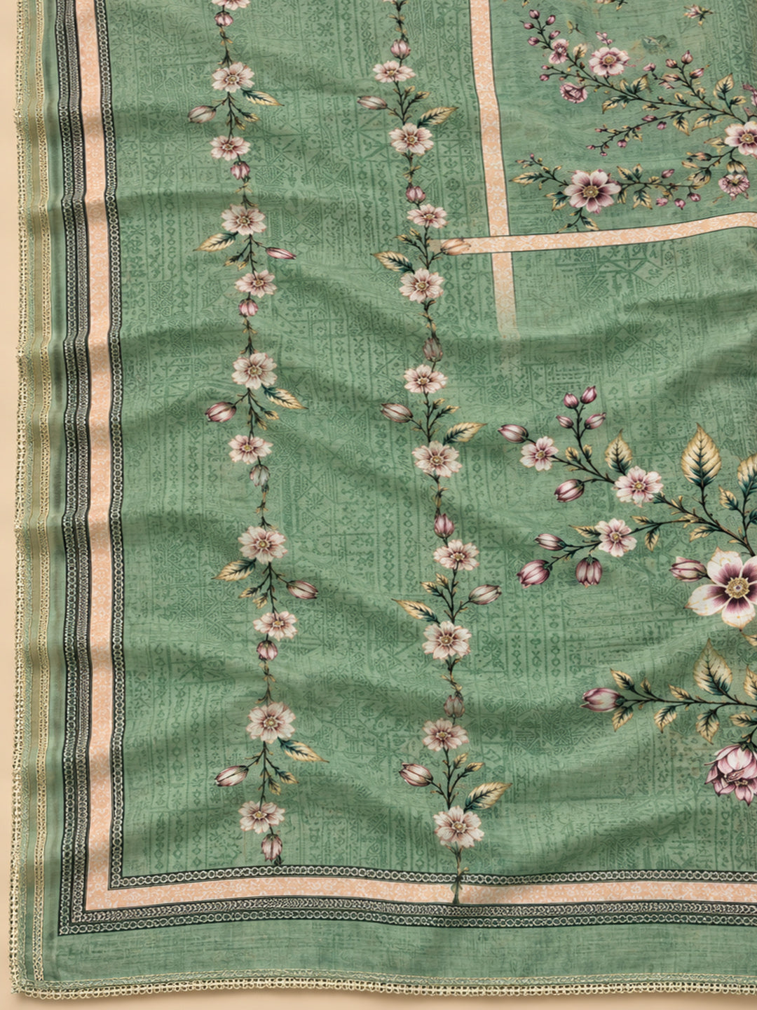 Aqua-Green Chanderi Embroidered Unstitched Dress Material