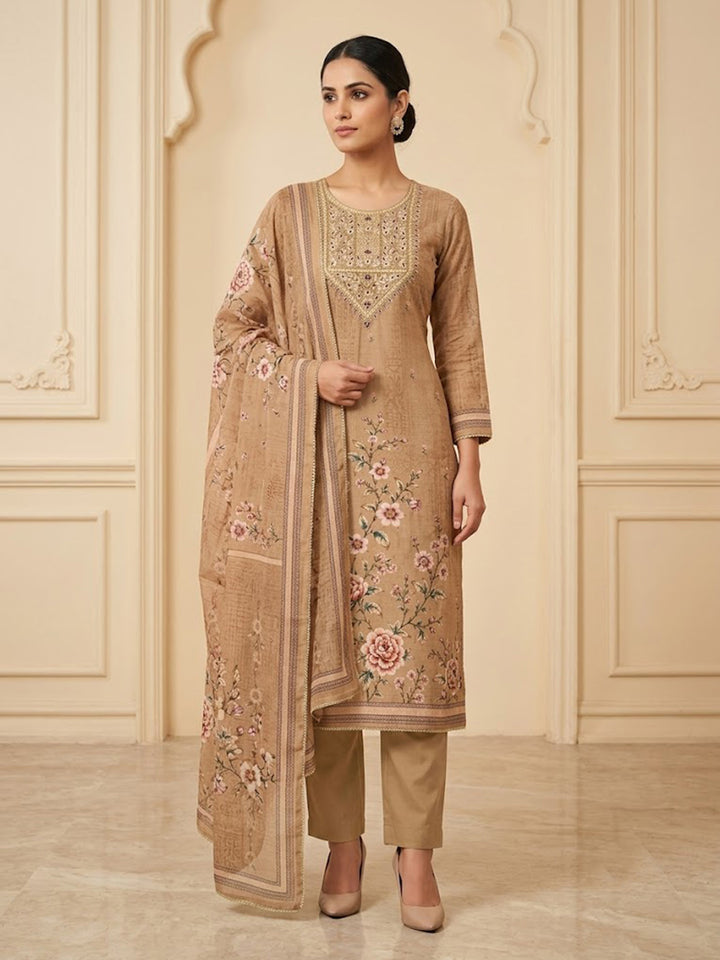 Beige Chanderi Embroidered Unstitched Dress Material