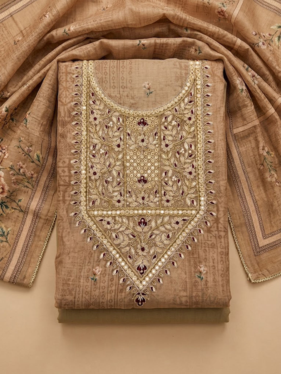 Beige Chanderi Embroidered Unstitched Dress Material