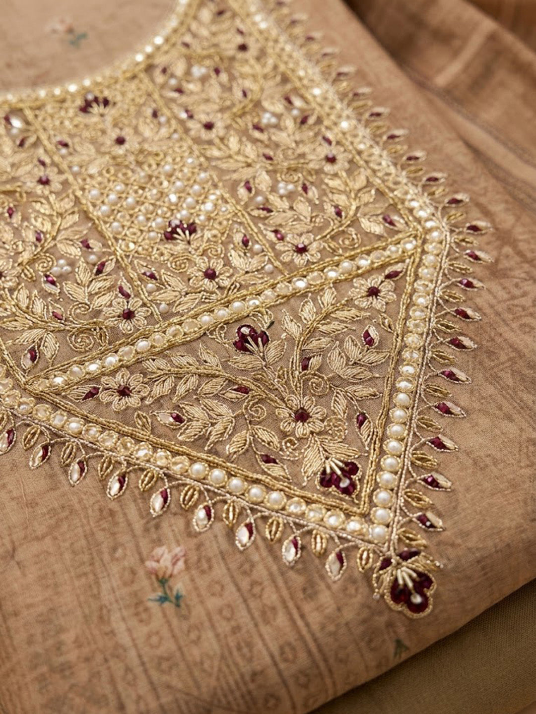 Beige Chanderi Embroidered Unstitched Dress Material