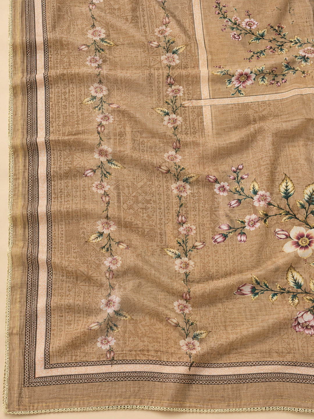 Beige Chanderi Embroidered Unstitched Dress Material