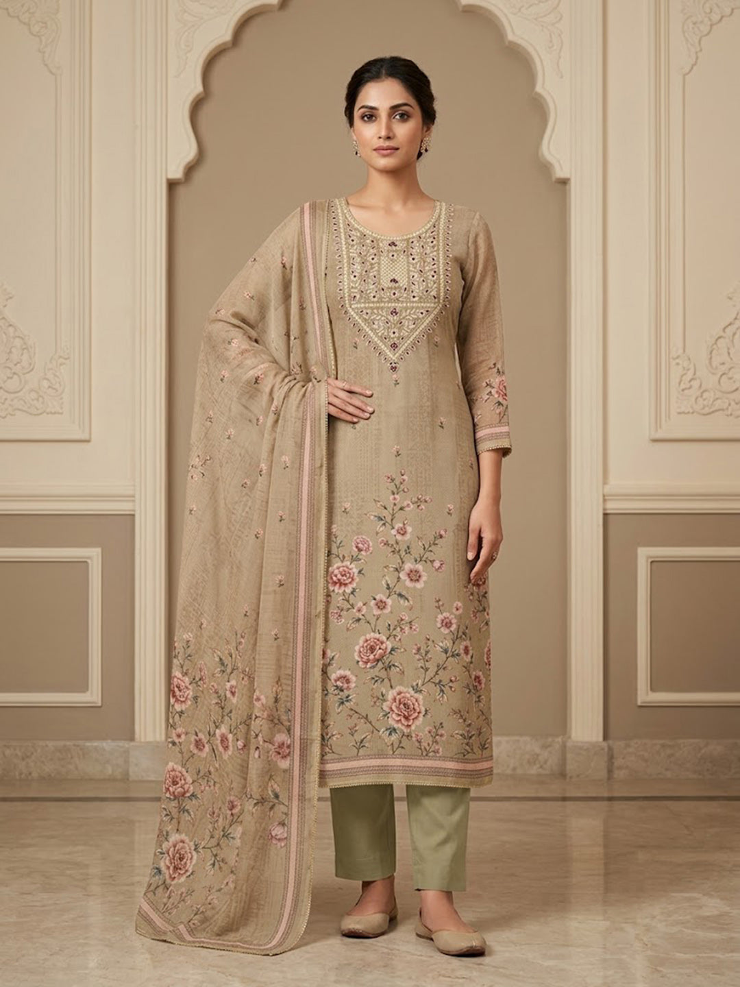 Mehndi Chanderi Embroidered Unstitched Dress Material
