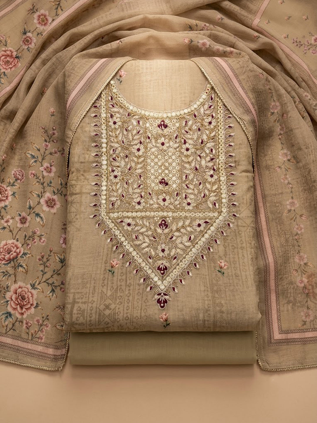 Mehndi Chanderi Embroidered Unstitched Dress Material