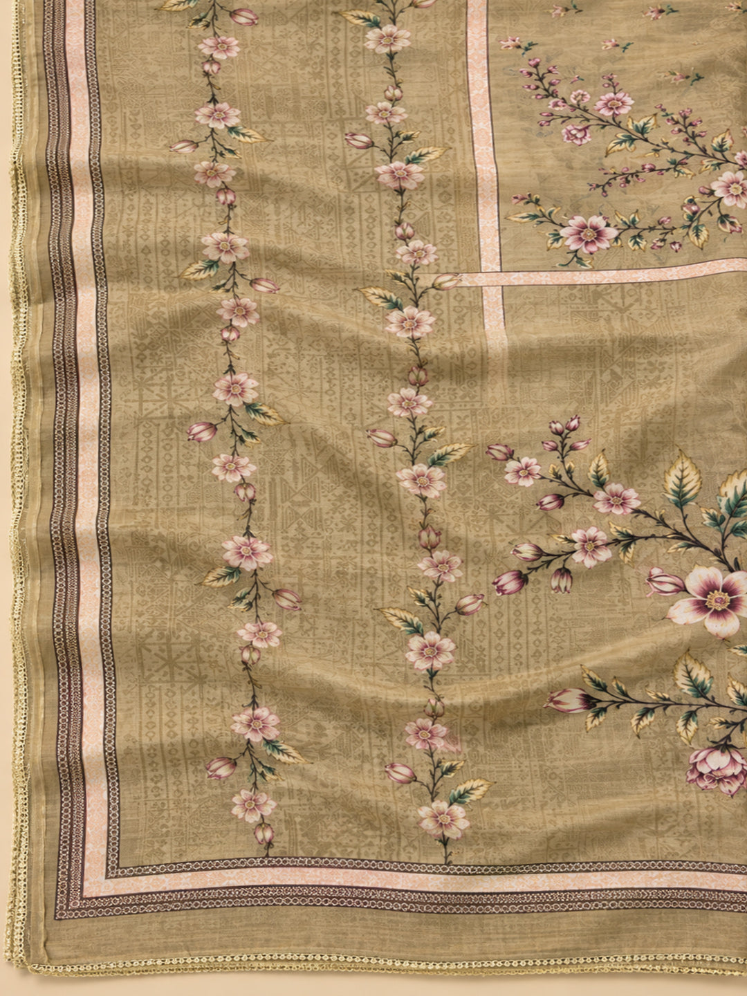 Mehndi Chanderi Embroidered Unstitched Dress Material