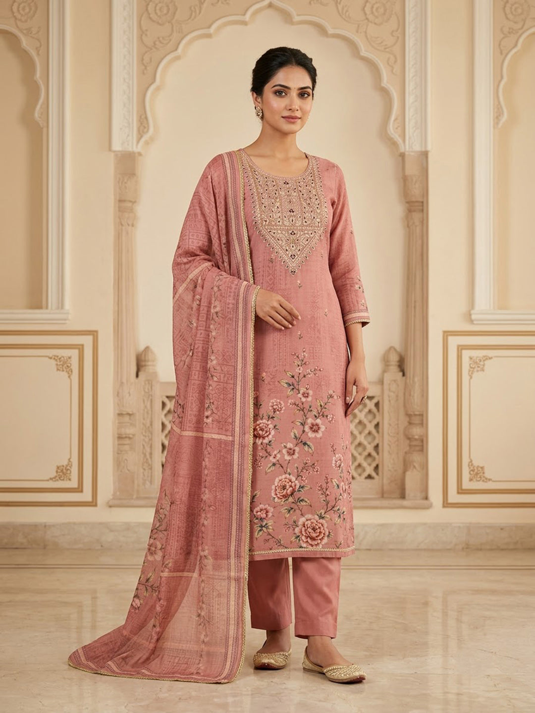 Onion-Pink Chanderi Embroidered Unstitched Dress Material