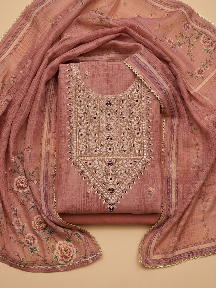 Onion-Pink Chanderi Embroidered Unstitched Dress Material