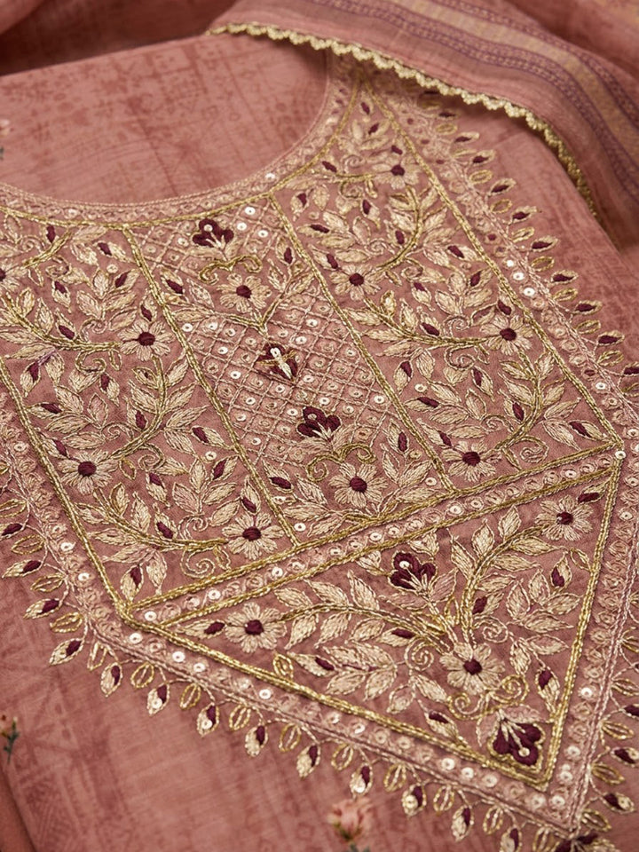 Onion-Pink Chanderi Embroidered Unstitched Dress Material