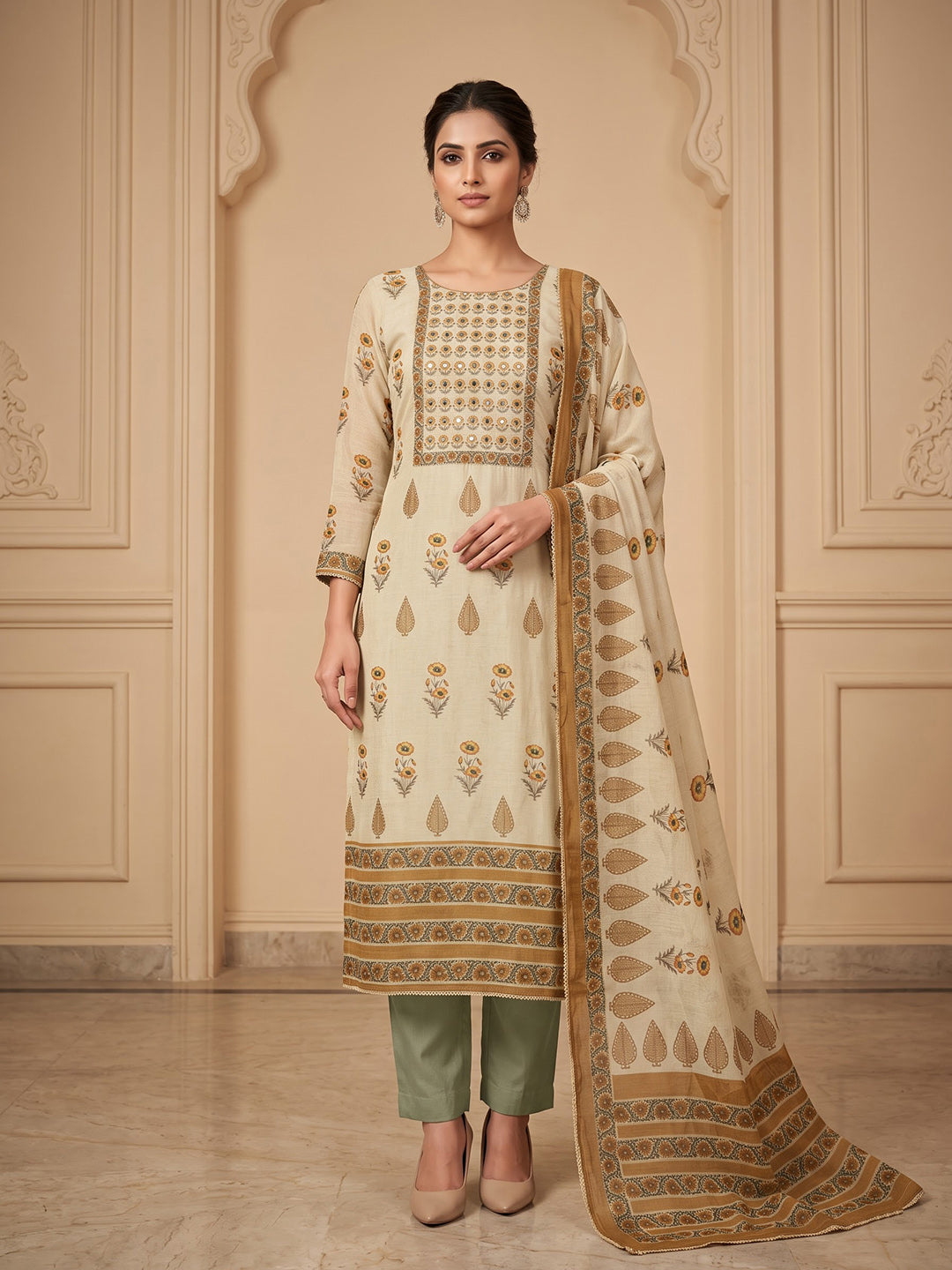 Olive-Green Chanderi Embroidered Unstitched Dress Material