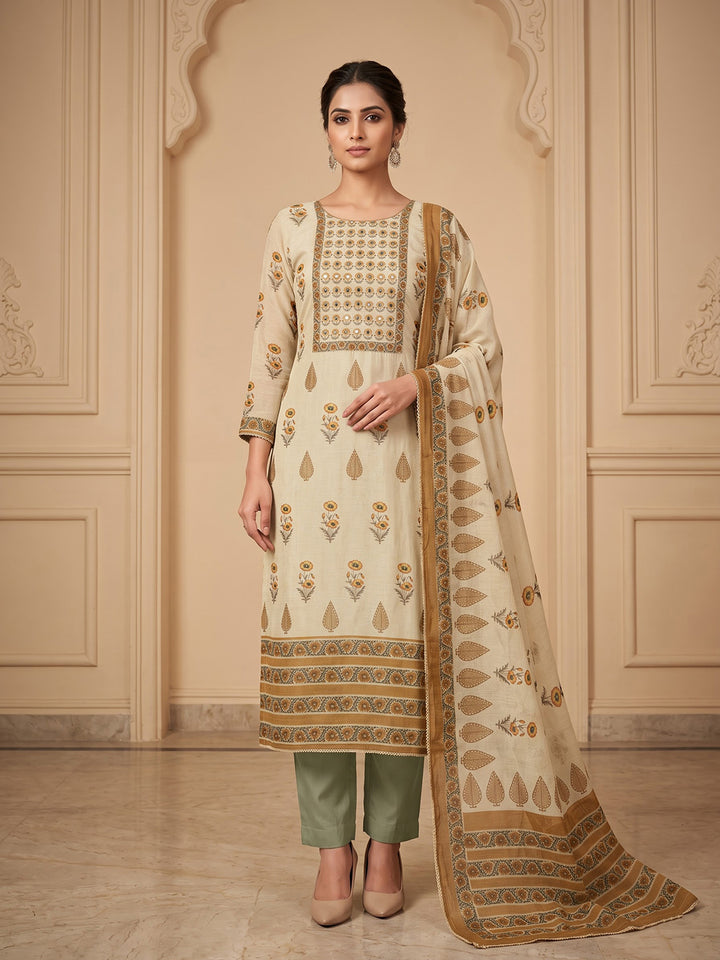Olive-Green Chanderi Embroidered Unstitched Dress Material