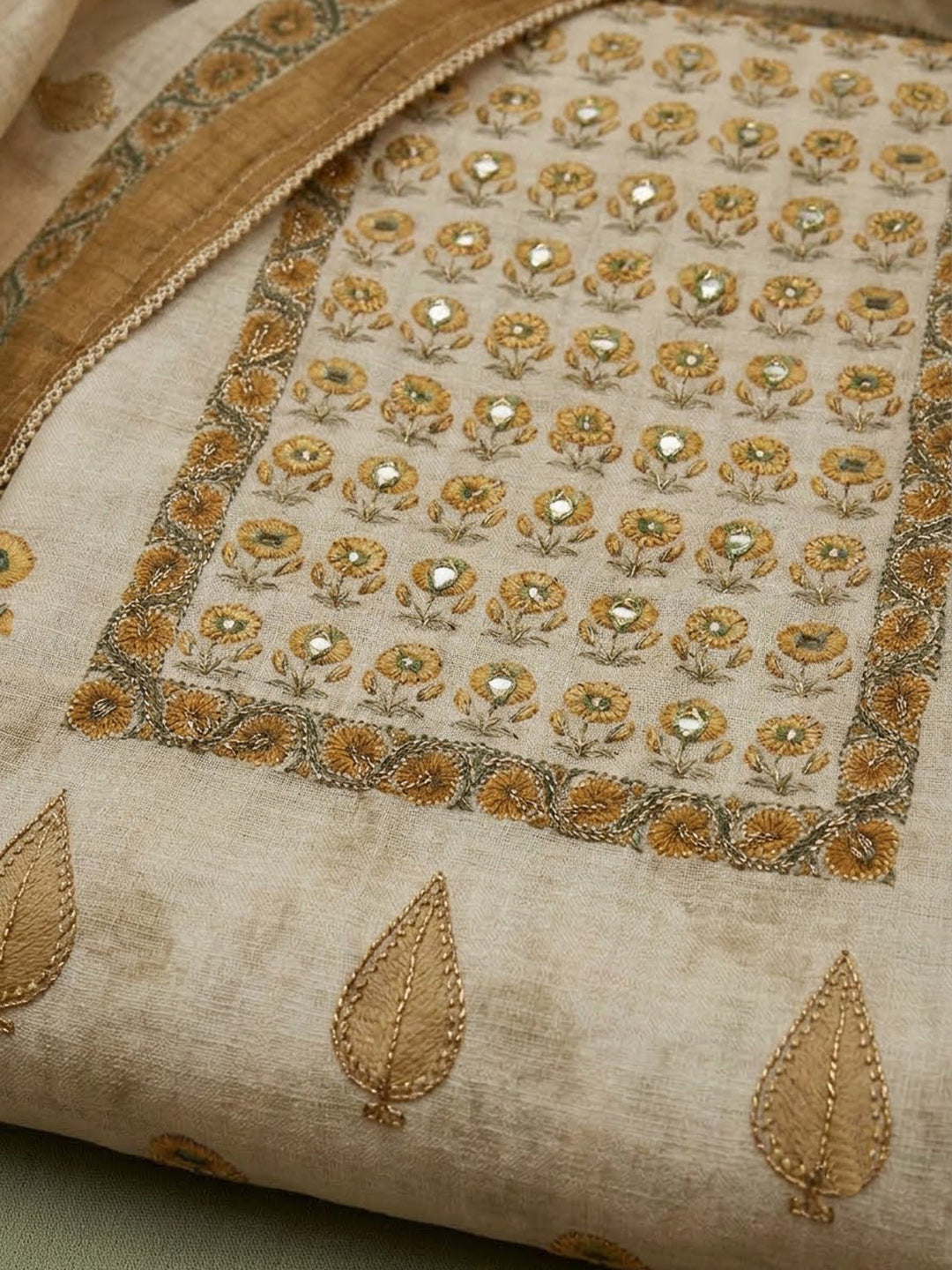 Olive-Green Chanderi Embroidered Unstitched Dress Material