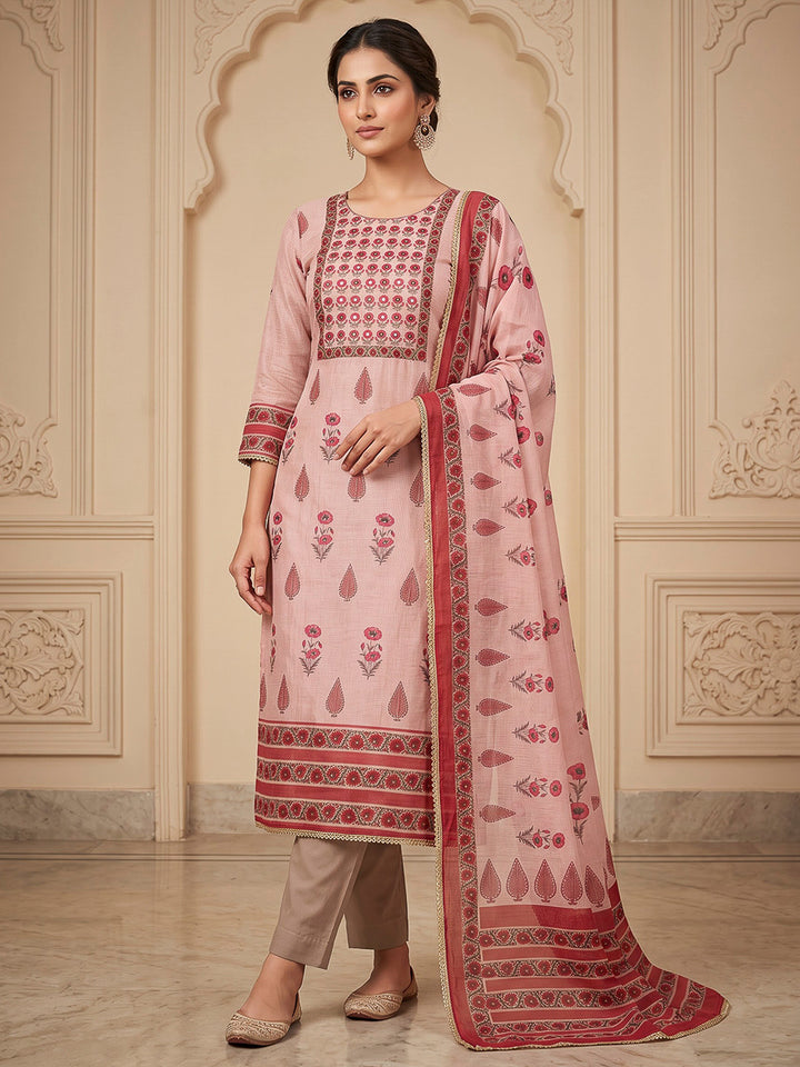Onion Pink Chanderi Embroidered Unstitched Dress Material