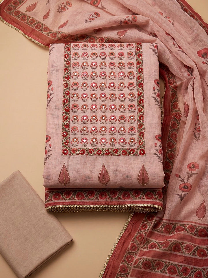 Onion Pink Chanderi Embroidered Unstitched Dress Material