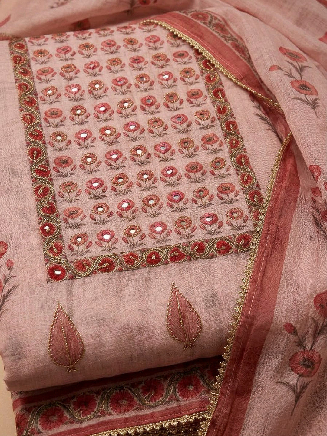 Onion Pink Chanderi Embroidered Unstitched Dress Material