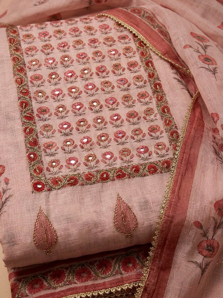 Onion Pink Chanderi Embroidered Unstitched Dress Material