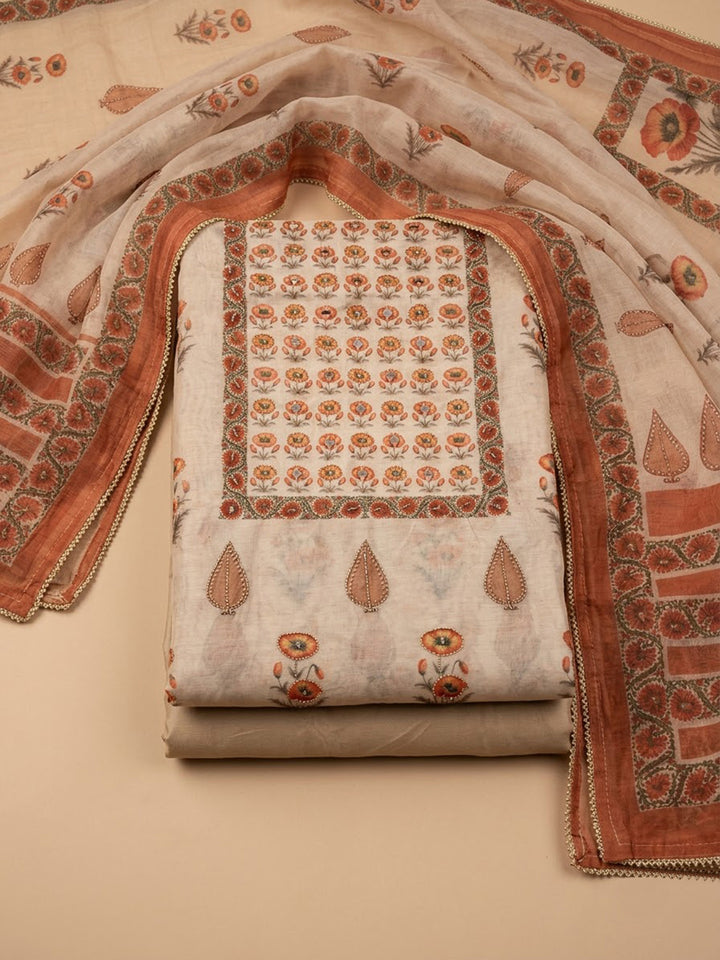 Peach Chanderi Embroidered Unstitched Dress Material