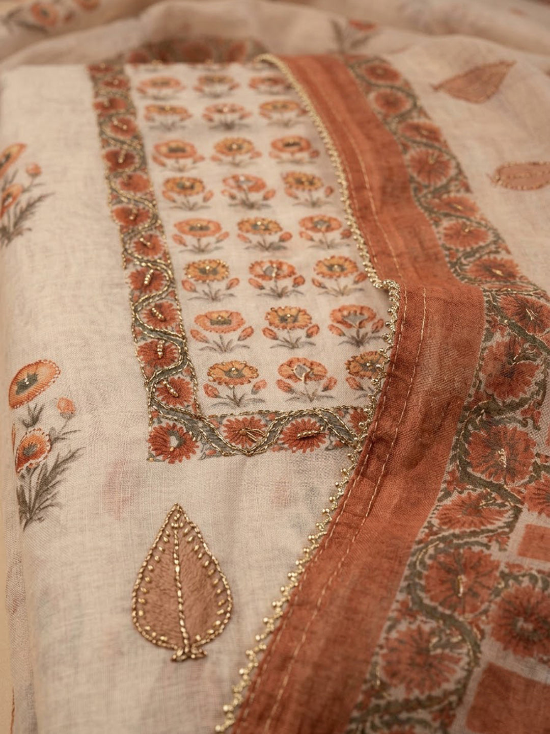 Peach Chanderi Embroidered Unstitched Dress Material