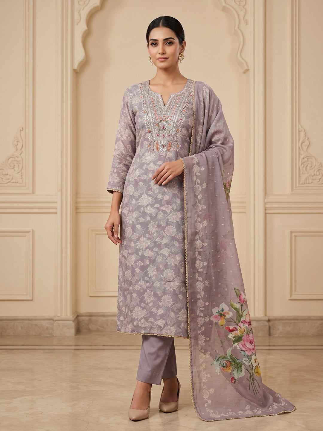 Grey Chanderi Embroidered Unstitched Dress Material
