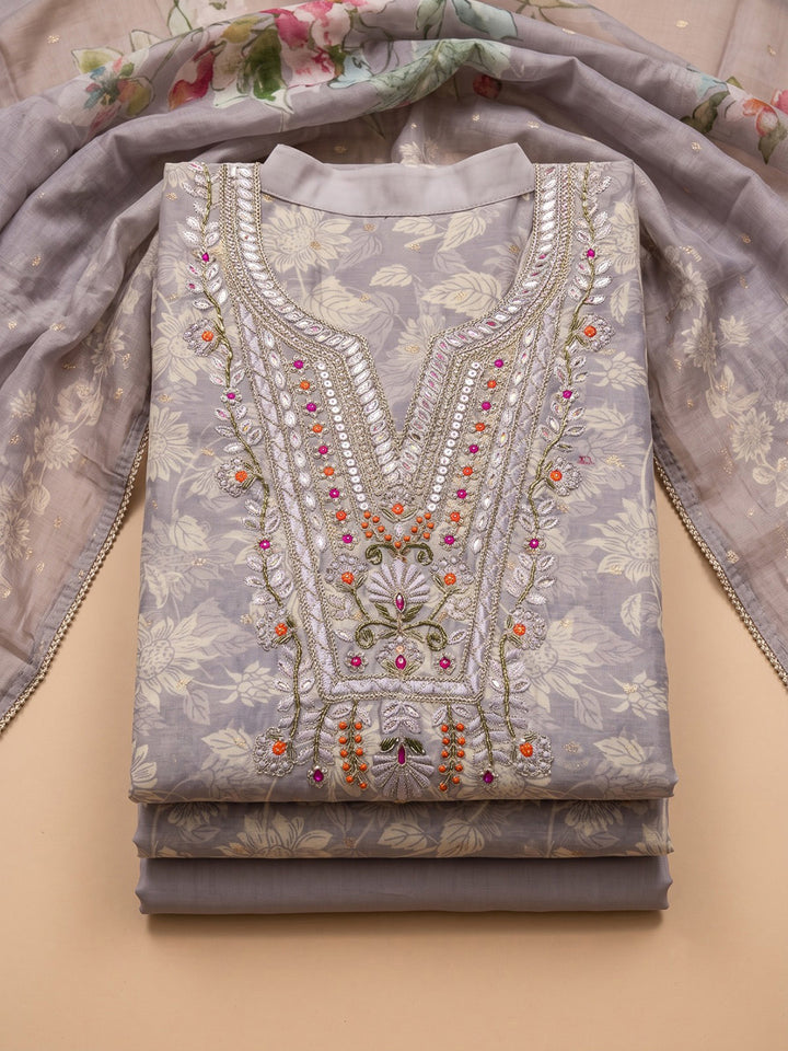 Grey Chanderi Embroidered Unstitched Dress Material