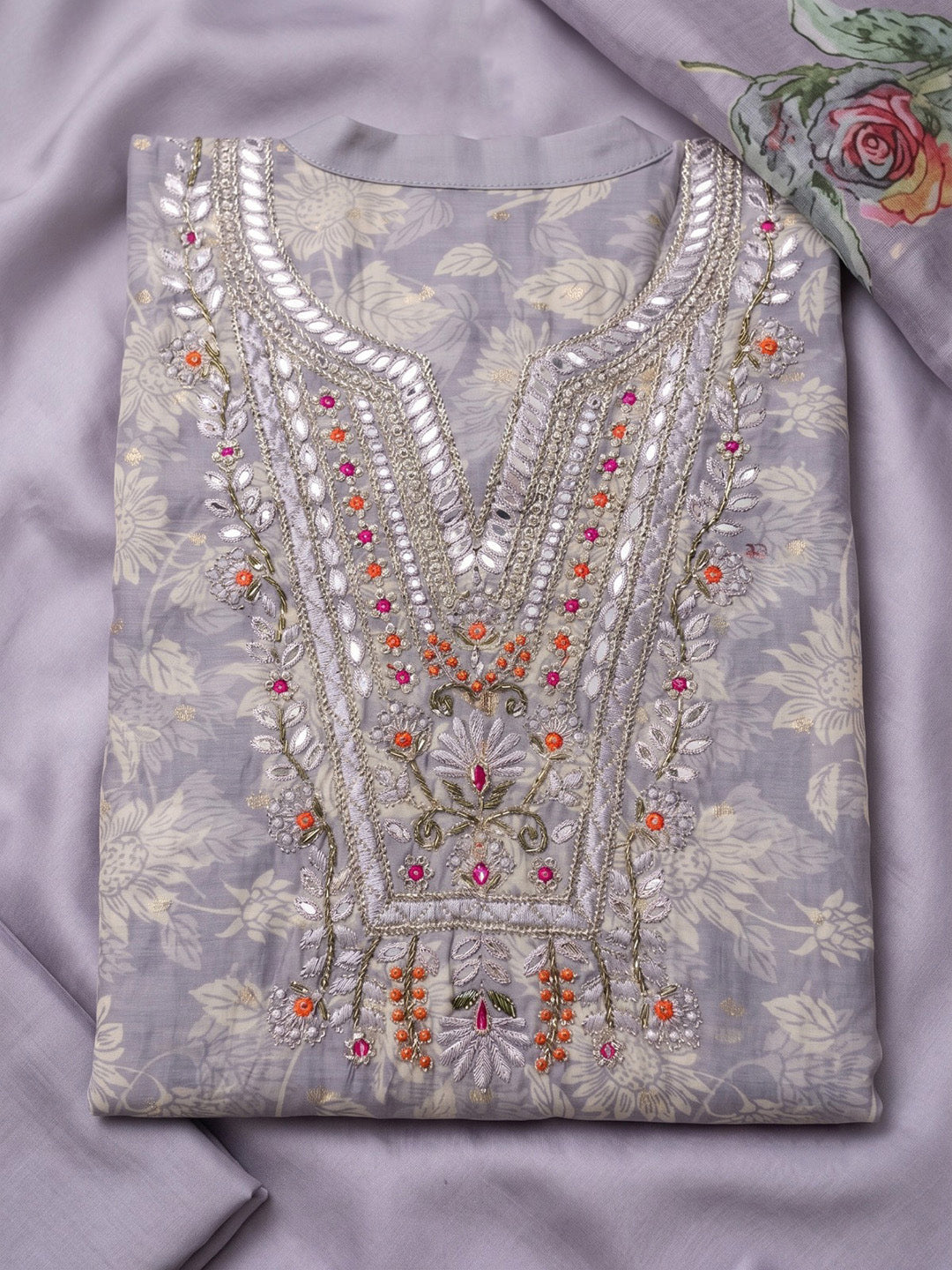 Grey Chanderi Embroidered Unstitched Dress Material