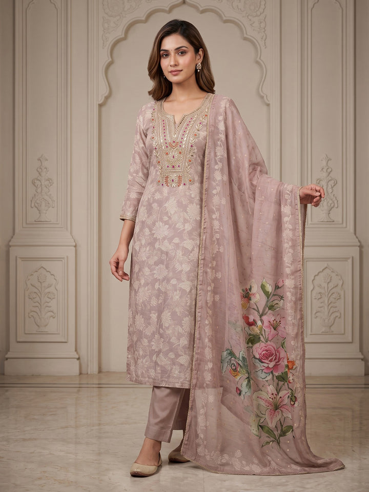 Peach Chanderi Embroidered Unstitched Dress Material