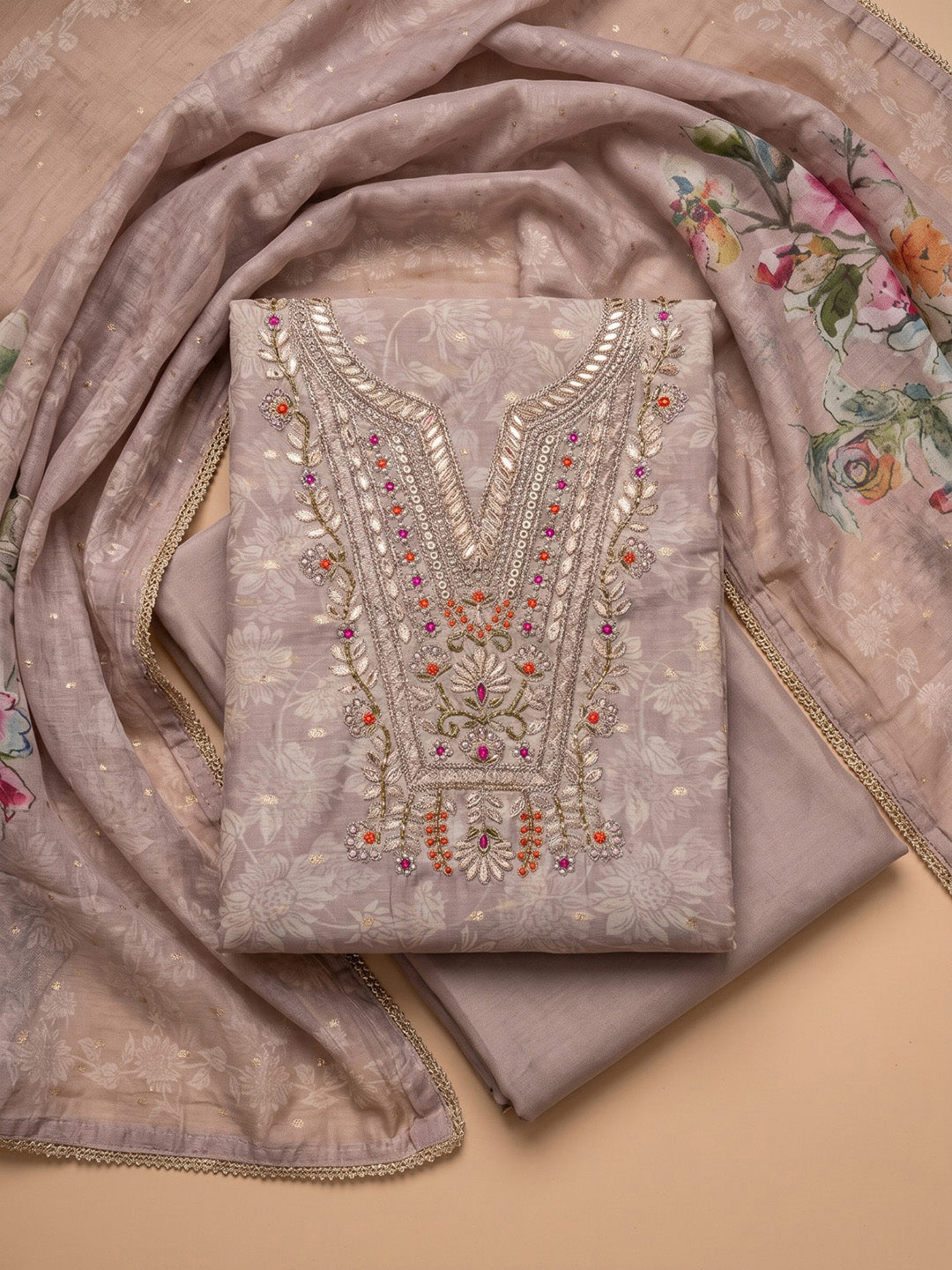 Peach Chanderi Embroidered Unstitched Dress Material