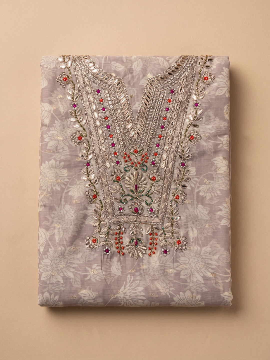 Peach Chanderi Embroidered Unstitched Dress Material