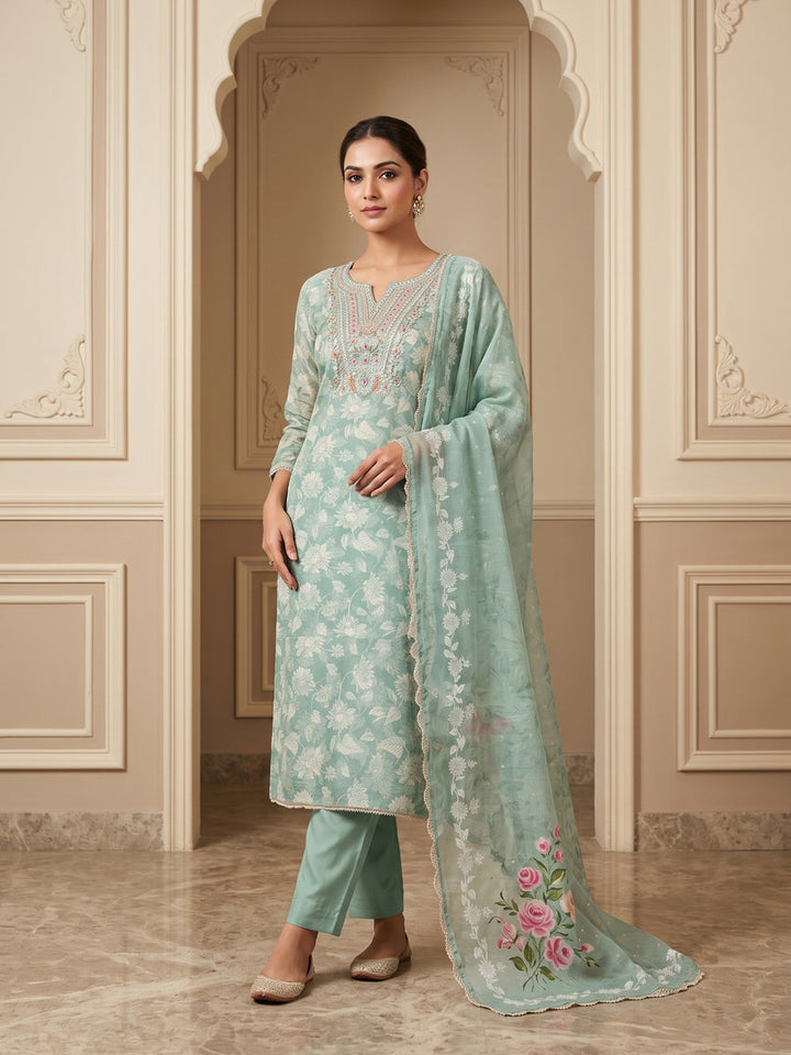Rama-Green Chanderi Embroidered Unstitched Dress Material