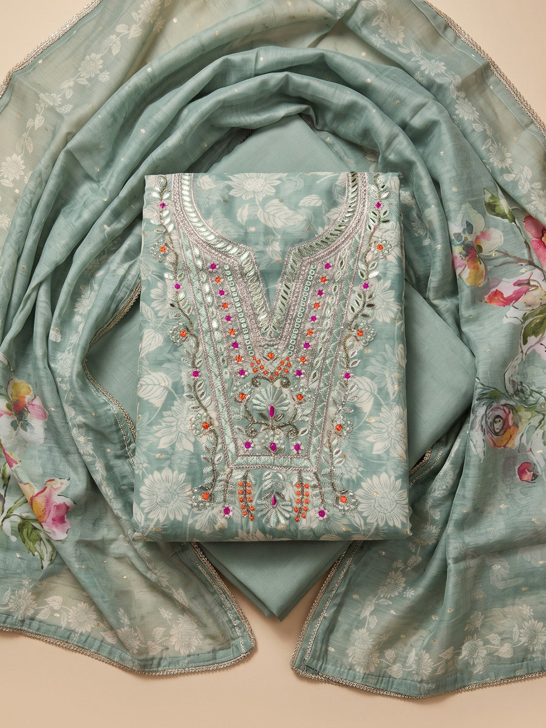 Rama-Green Chanderi Embroidered Unstitched Dress Material