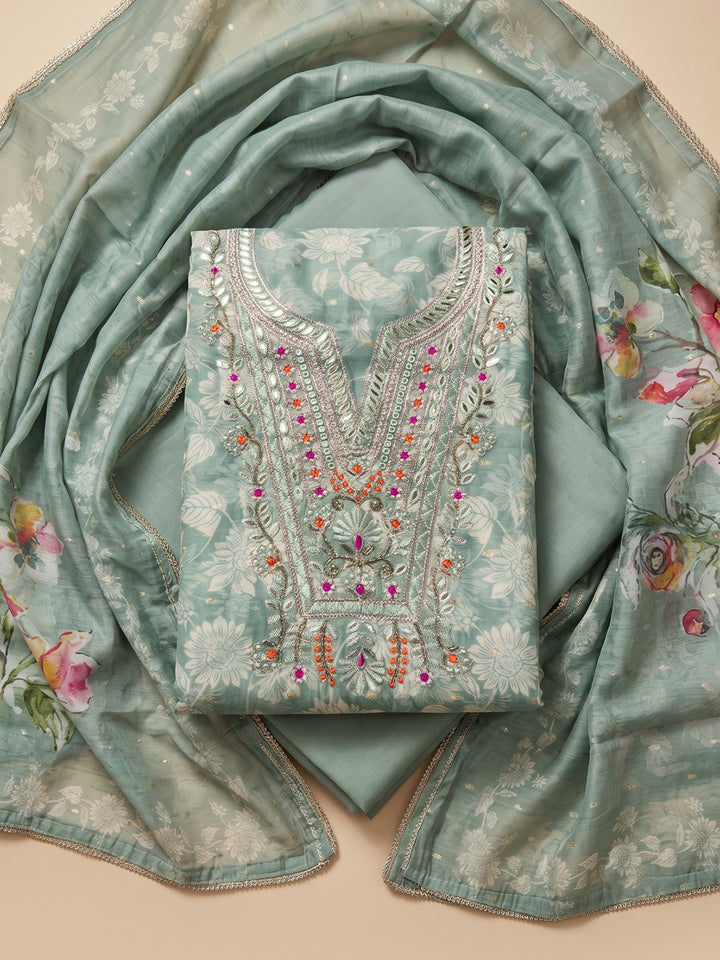 Rama-Green Chanderi Embroidered Unstitched Dress Material