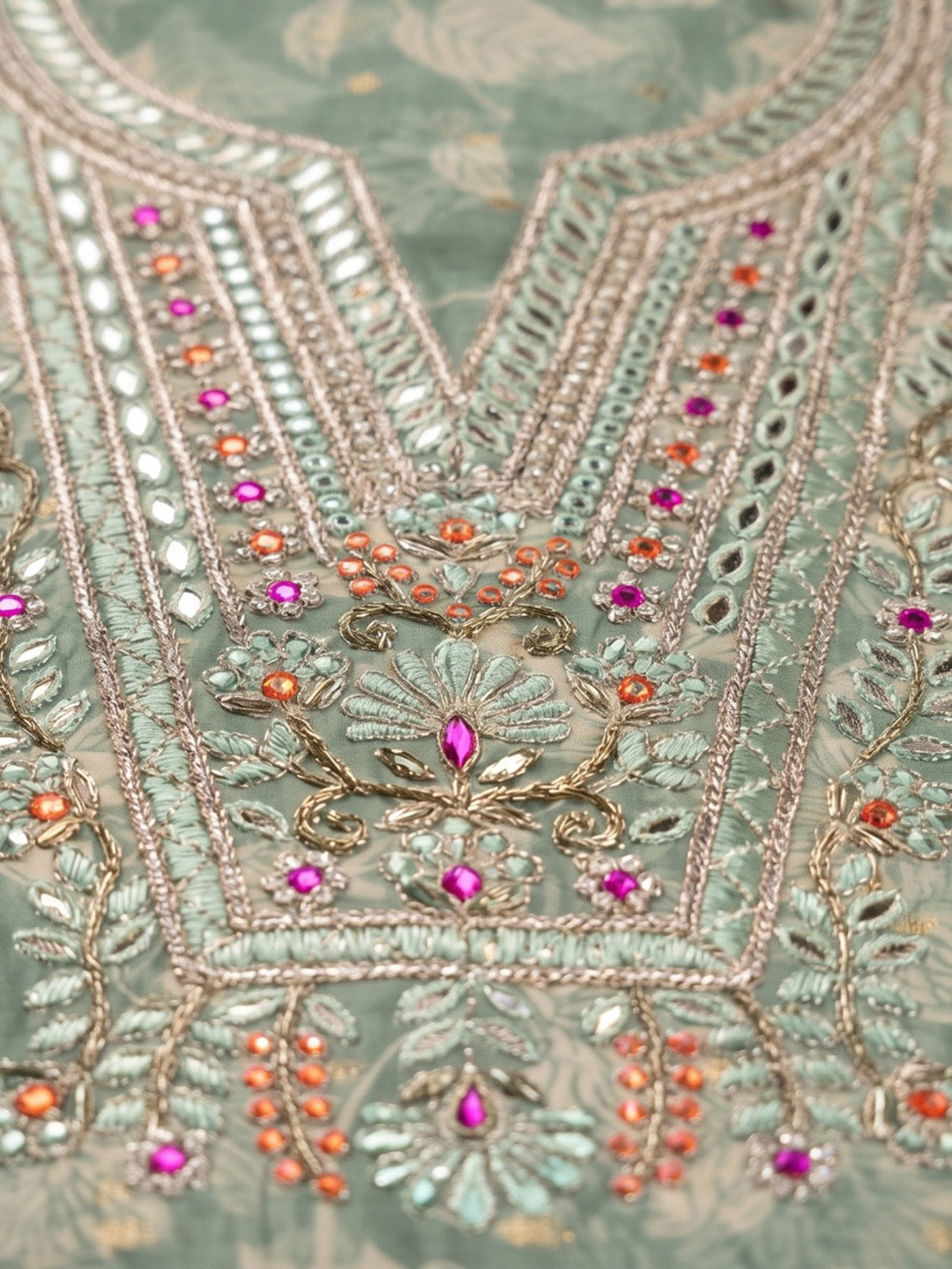Rama-Green Chanderi Embroidered Unstitched Dress Material