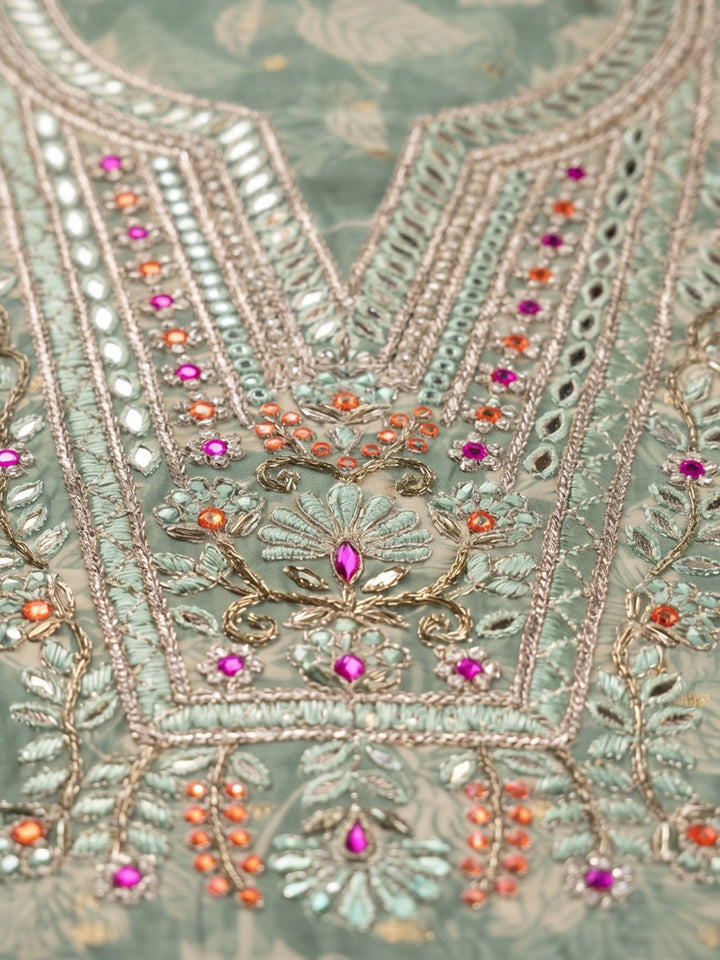 Rama-Green Chanderi Embroidered Unstitched Dress Material