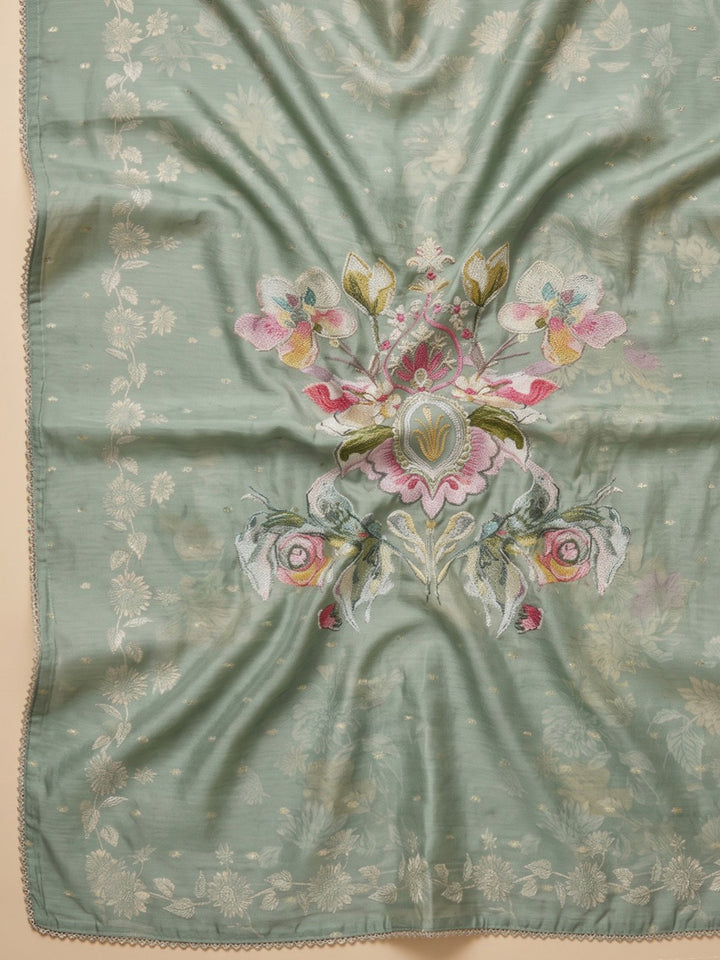 Rama-Green Chanderi Embroidered Unstitched Dress Material