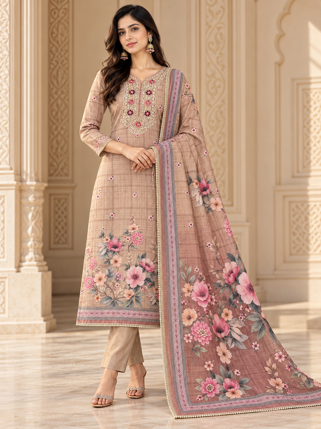 Beige Chanderi Embroidered Unstitched Dress Material