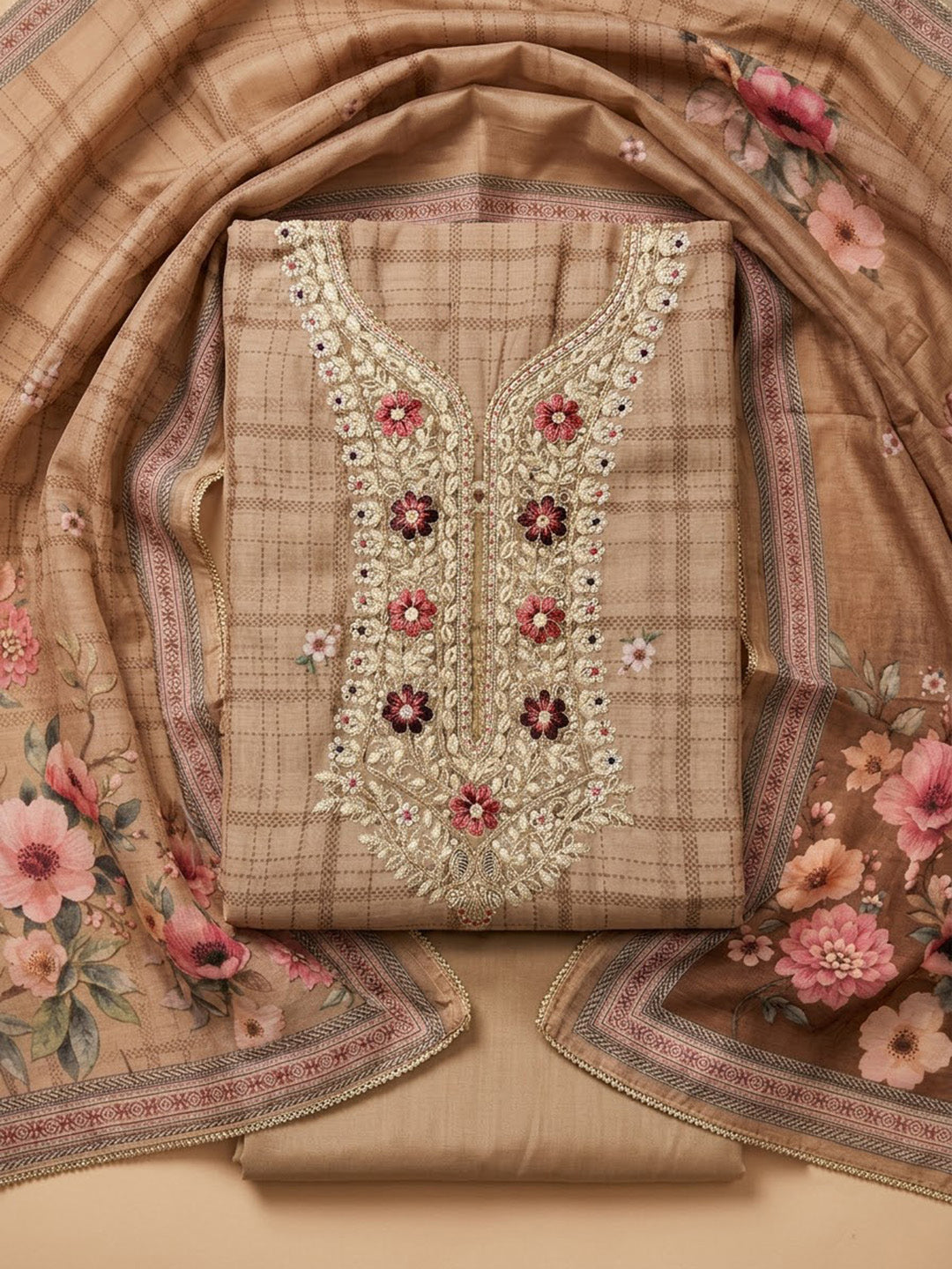 Beige Chanderi Embroidered Unstitched Dress Material