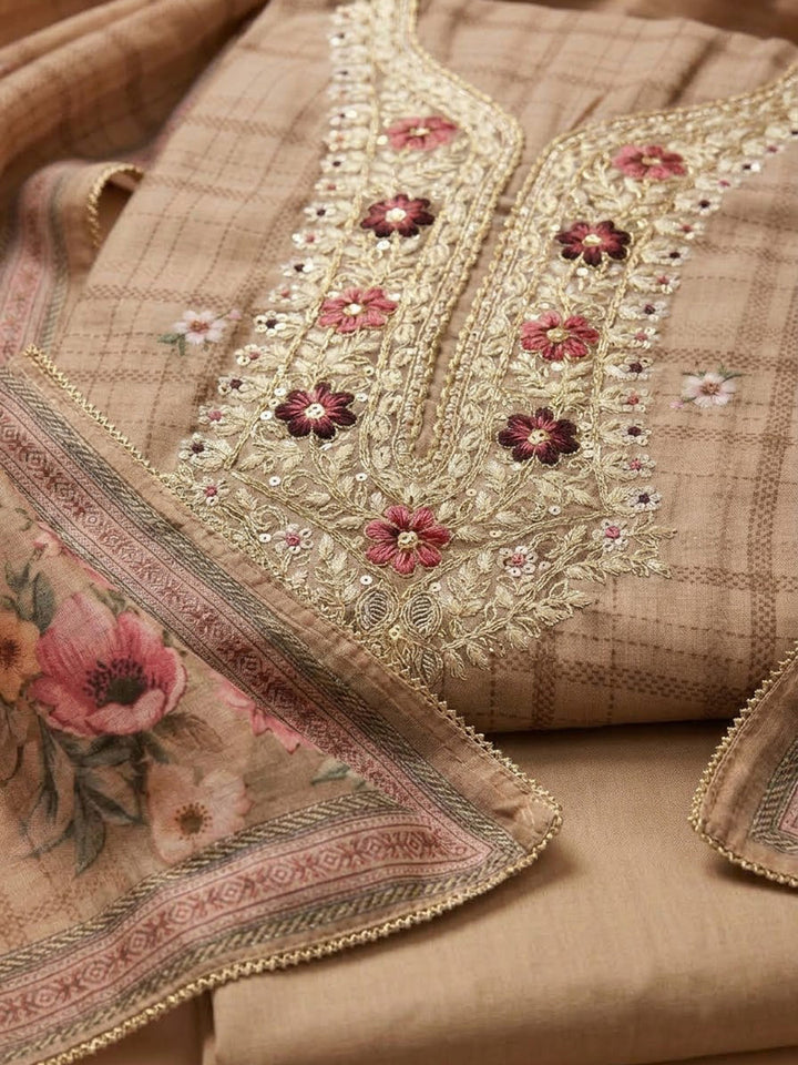 Beige Chanderi Embroidered Unstitched Dress Material