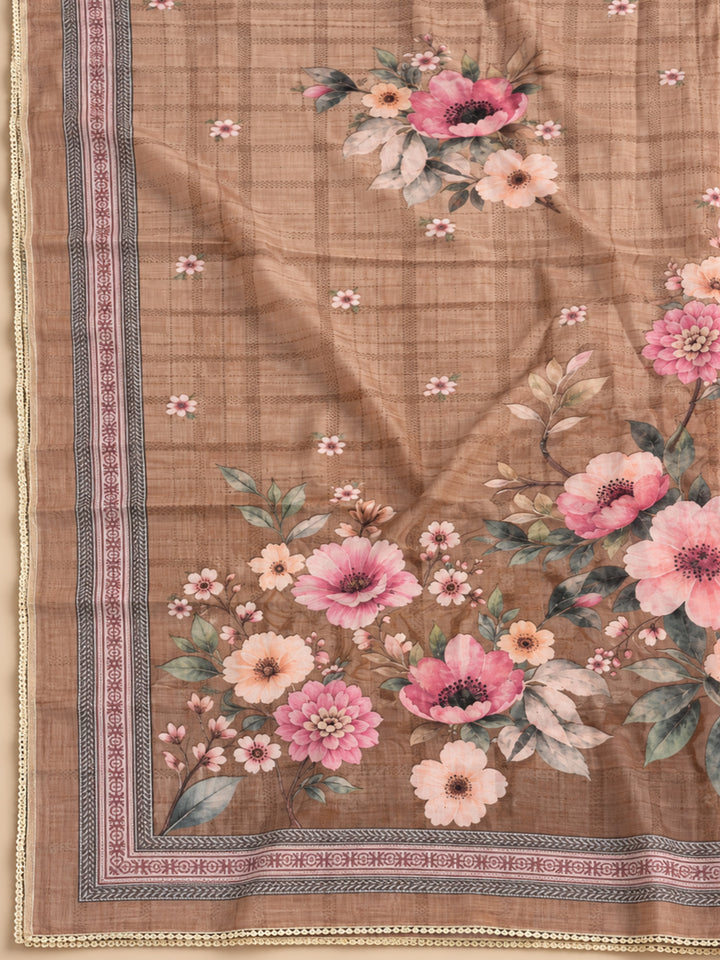 Beige Chanderi Embroidered Unstitched Dress Material