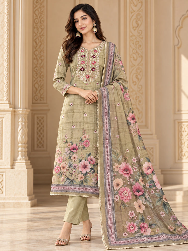 Mehndi Chanderi Embroidered Unstitched Dress Material