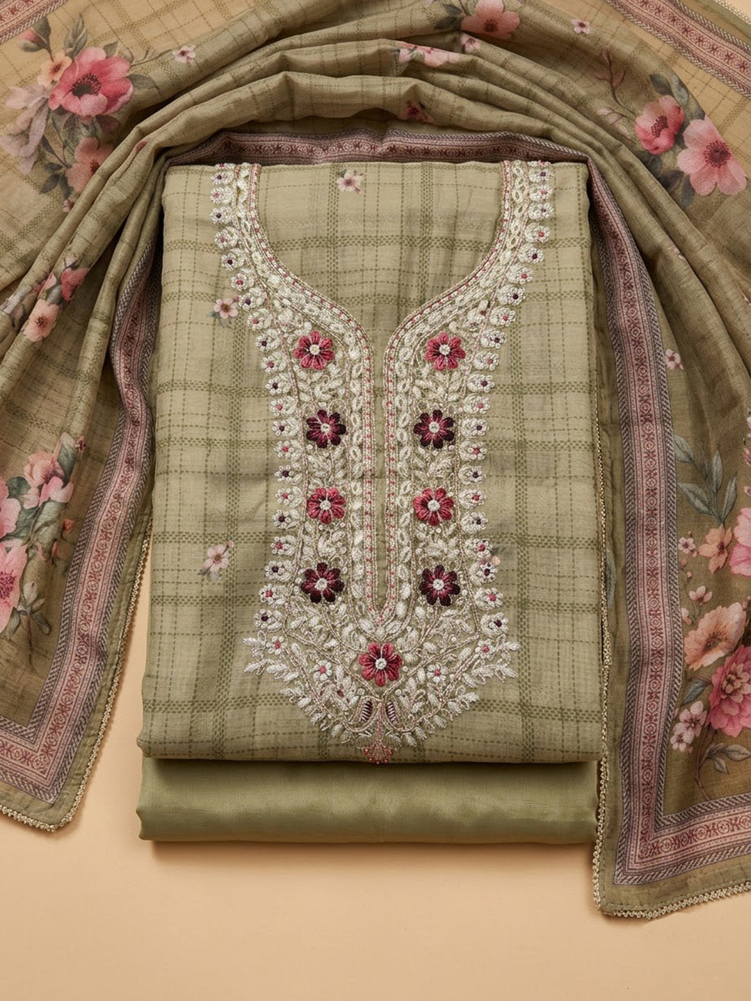 Mehndi Chanderi Embroidered Unstitched Dress Material