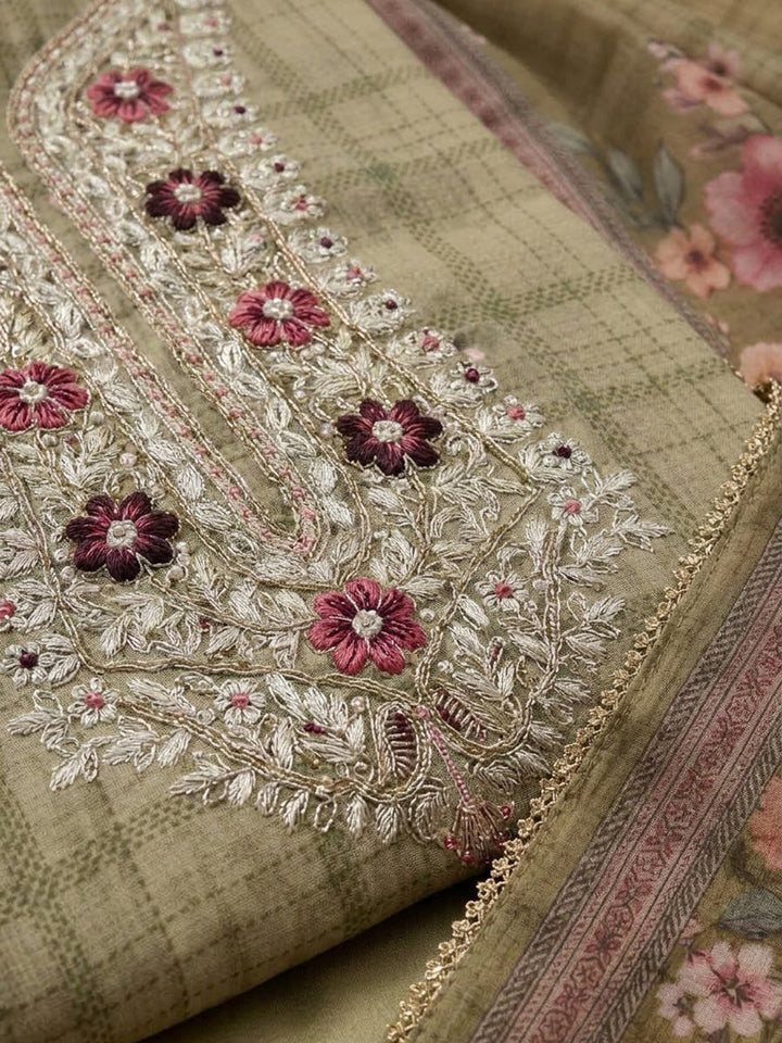Mehndi Chanderi Embroidered Unstitched Dress Material
