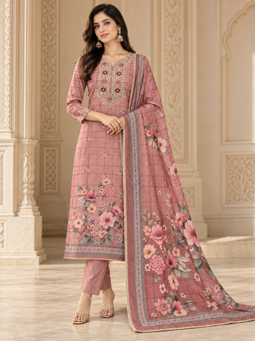 Onion-Pink Chanderi Embroidered Unstitched Dress Material