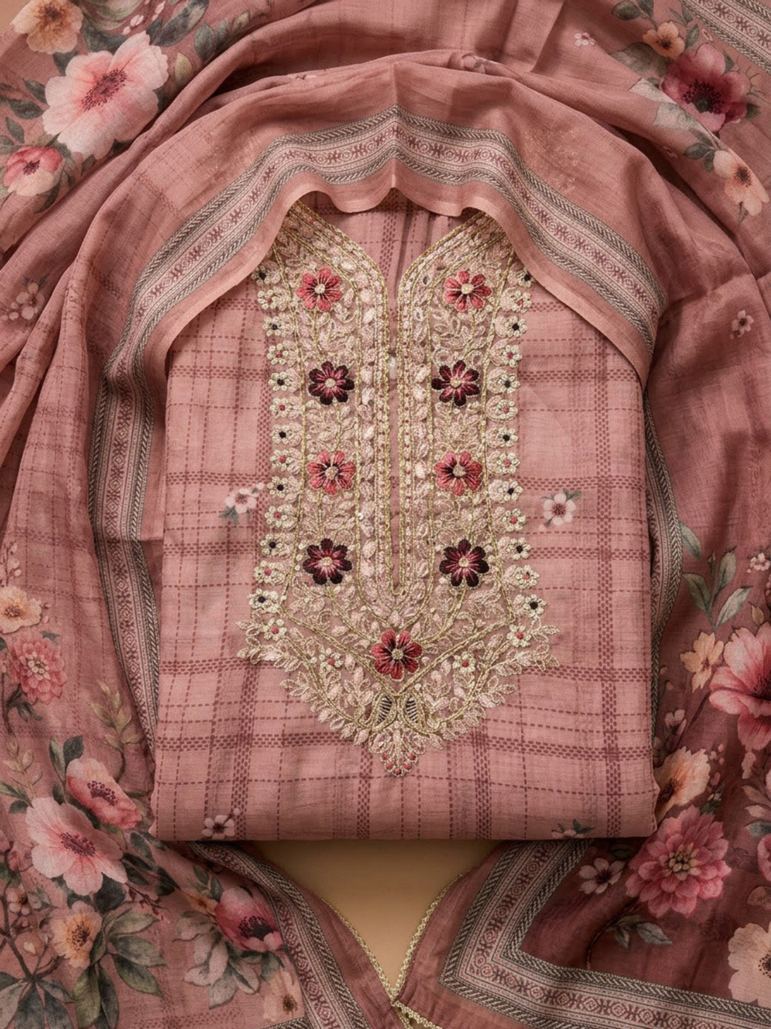 Onion-Pink Chanderi Embroidered Unstitched Dress Material