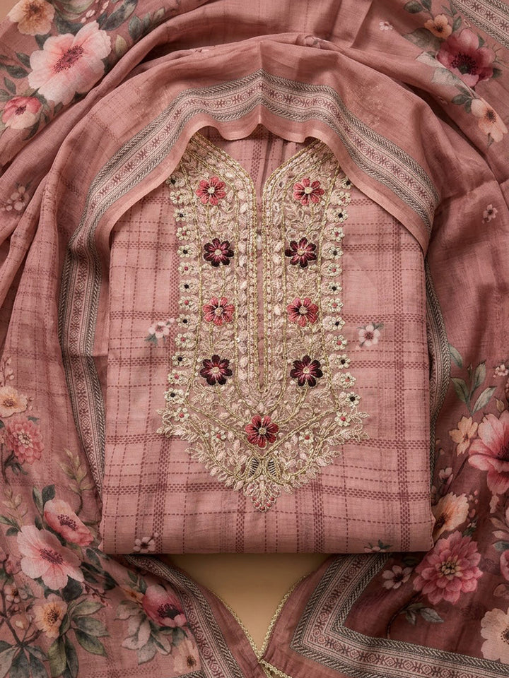Onion-Pink Chanderi Embroidered Unstitched Dress Material