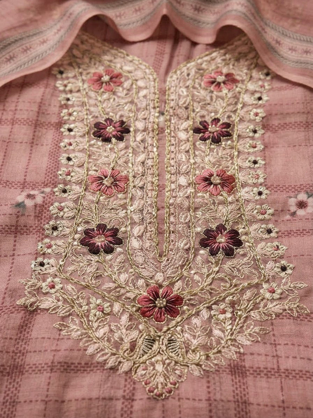 Onion-Pink Chanderi Embroidered Unstitched Dress Material