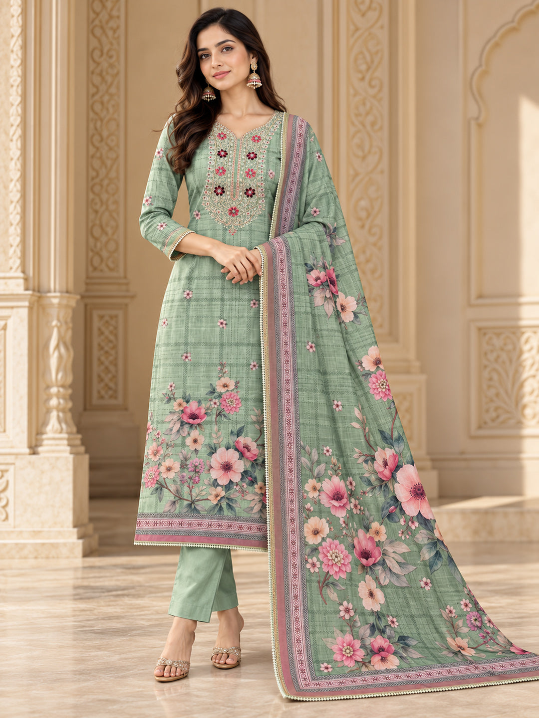 Sea-Green Chanderi Embroidered Unstitched Dress Material