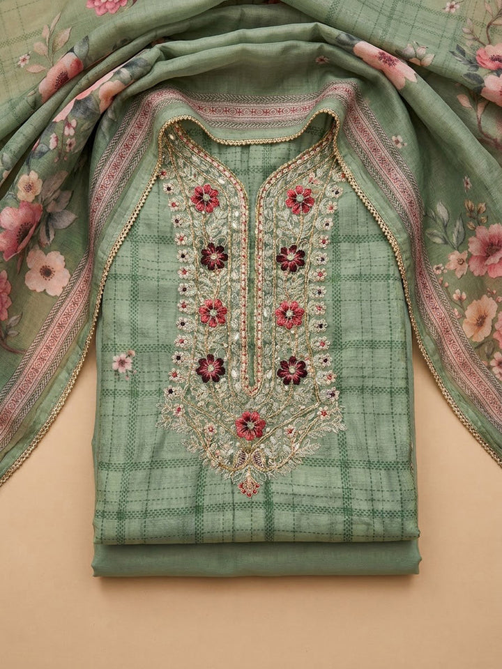 Sea-Green Chanderi Embroidered Unstitched Dress Material