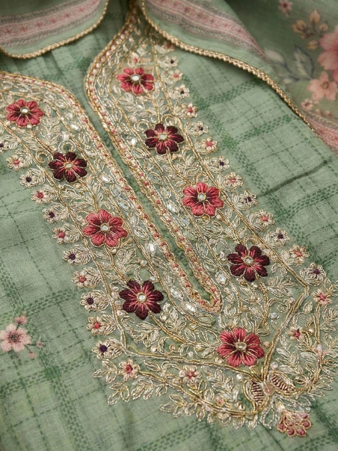 Sea-Green Chanderi Embroidered Unstitched Dress Material