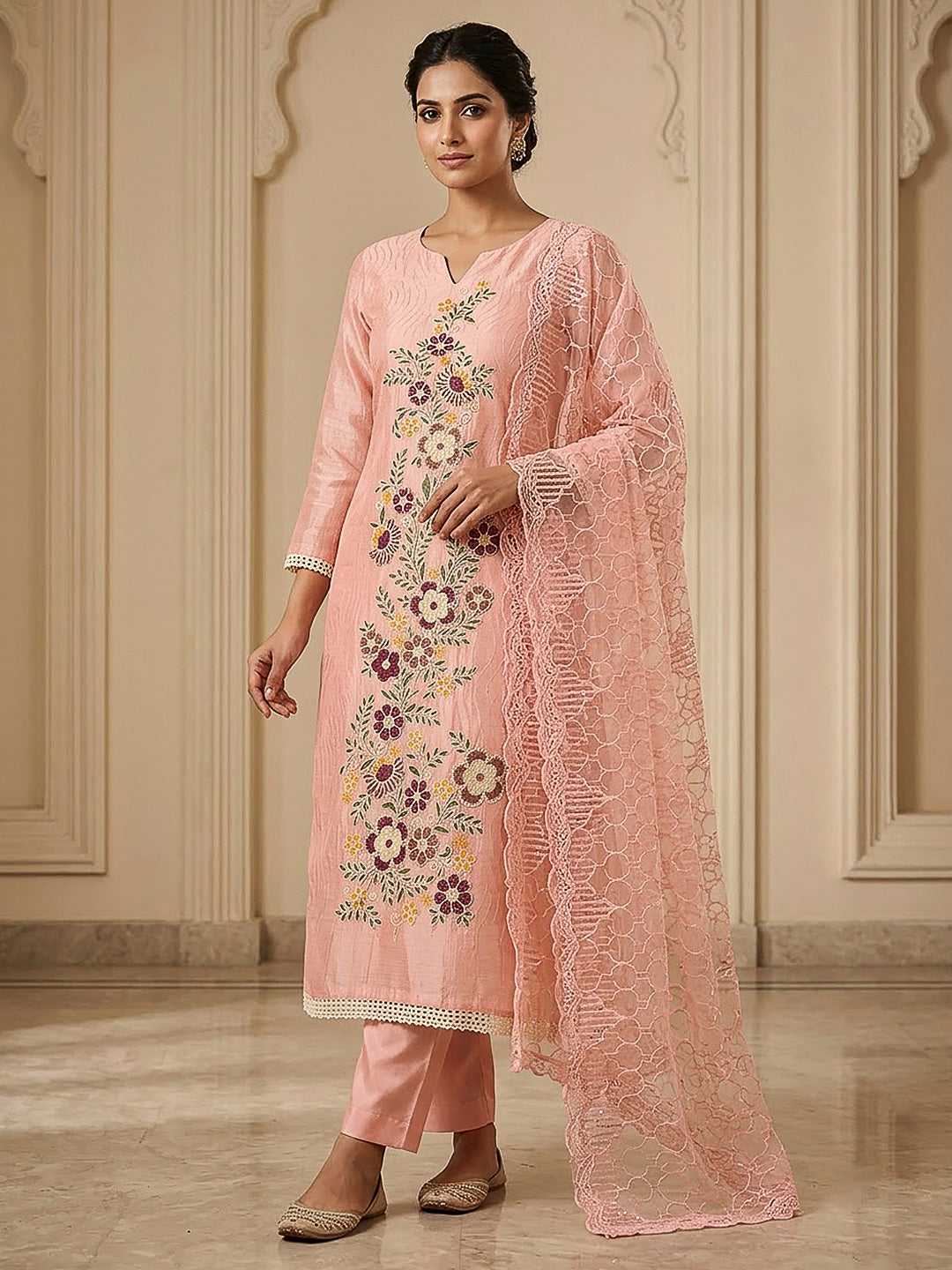 Peach Chanderi Embroidered Unstitched Dress Material