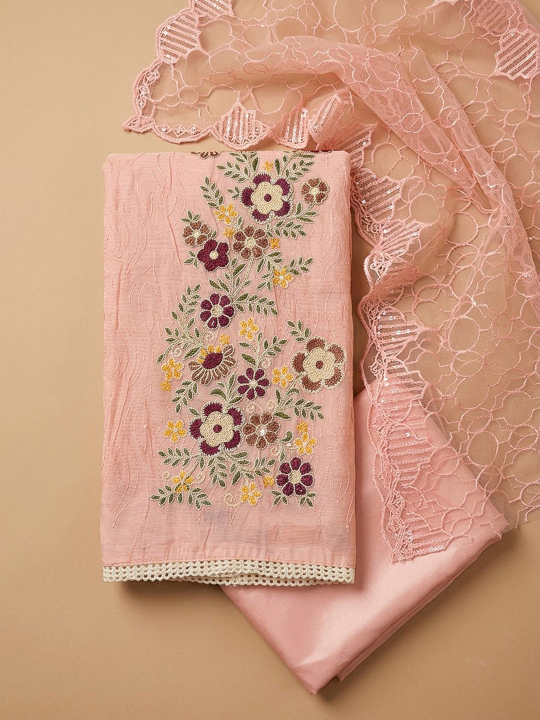 Peach Chanderi Embroidered Unstitched Dress Material