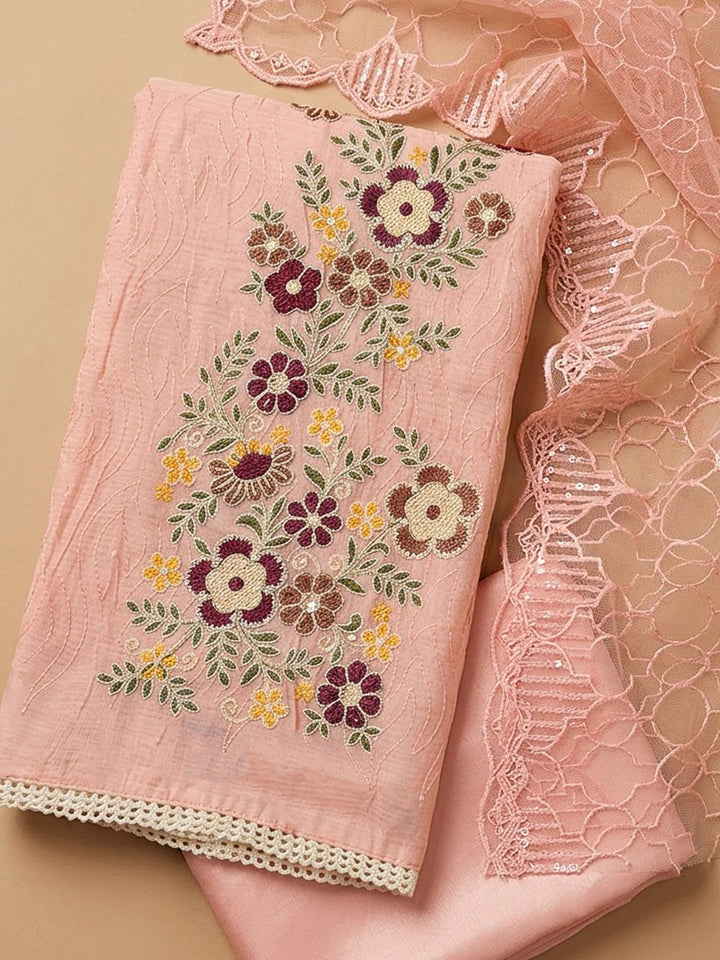 Peach Chanderi Embroidered Unstitched Dress Material