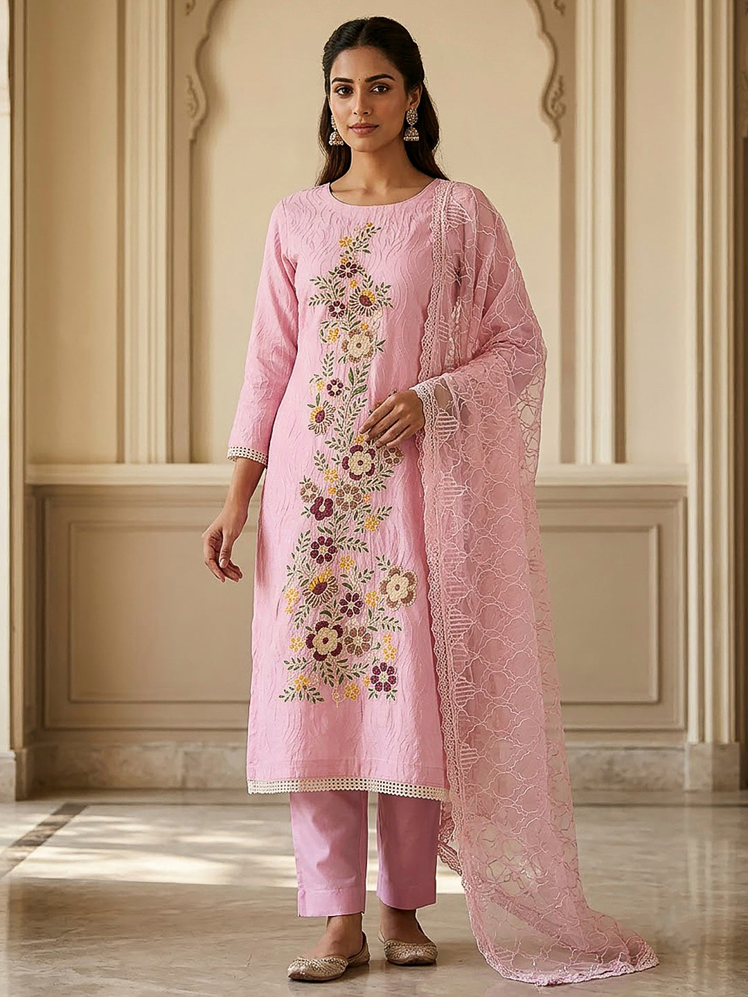 Pink Chanderi Embroidered Unstitched Dress Material